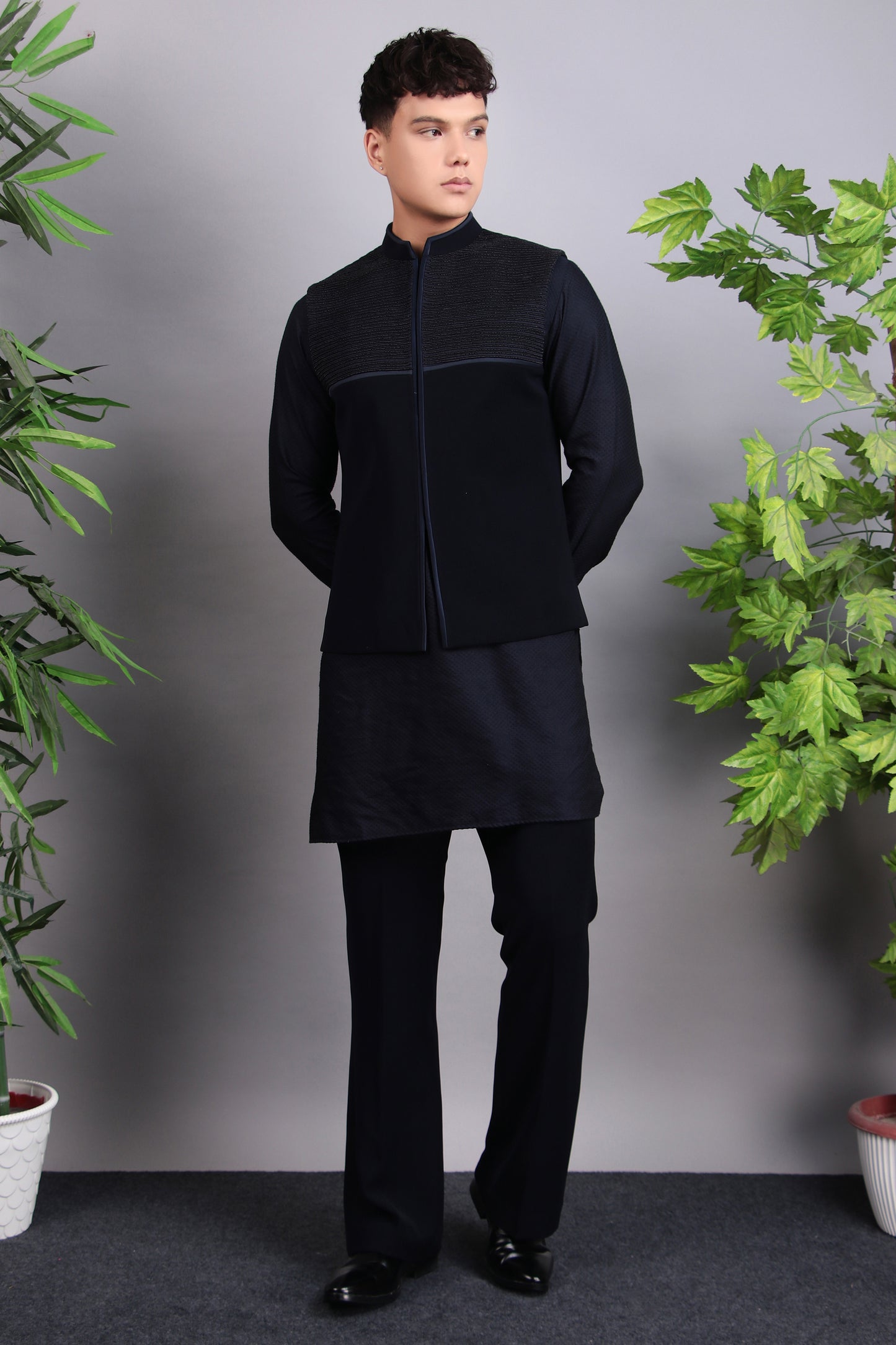 Back view - Men’s Nehru Jacket – Viscose Silk Fabric in Blue with Subtle Pintex and Bead Embroidery