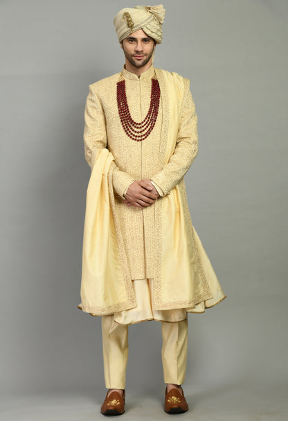 Men’s Sherwani – Silk in Beige with Detailed Hand Embroidery Allover | One Man Show
