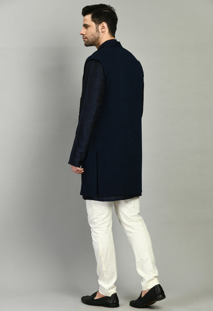 Men’s Nehru Jacket – Silk Modal in Navy Blue with Shurg Style Jacket | One Man Show