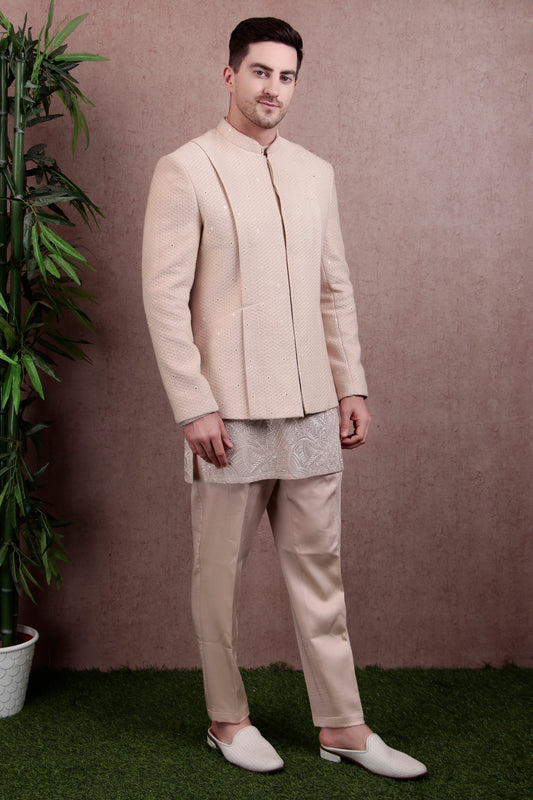 Men’s Kurta Set – Silk in Beige with Silk Thread Embroidered Jacket over Georgette Kurta | One Man Show