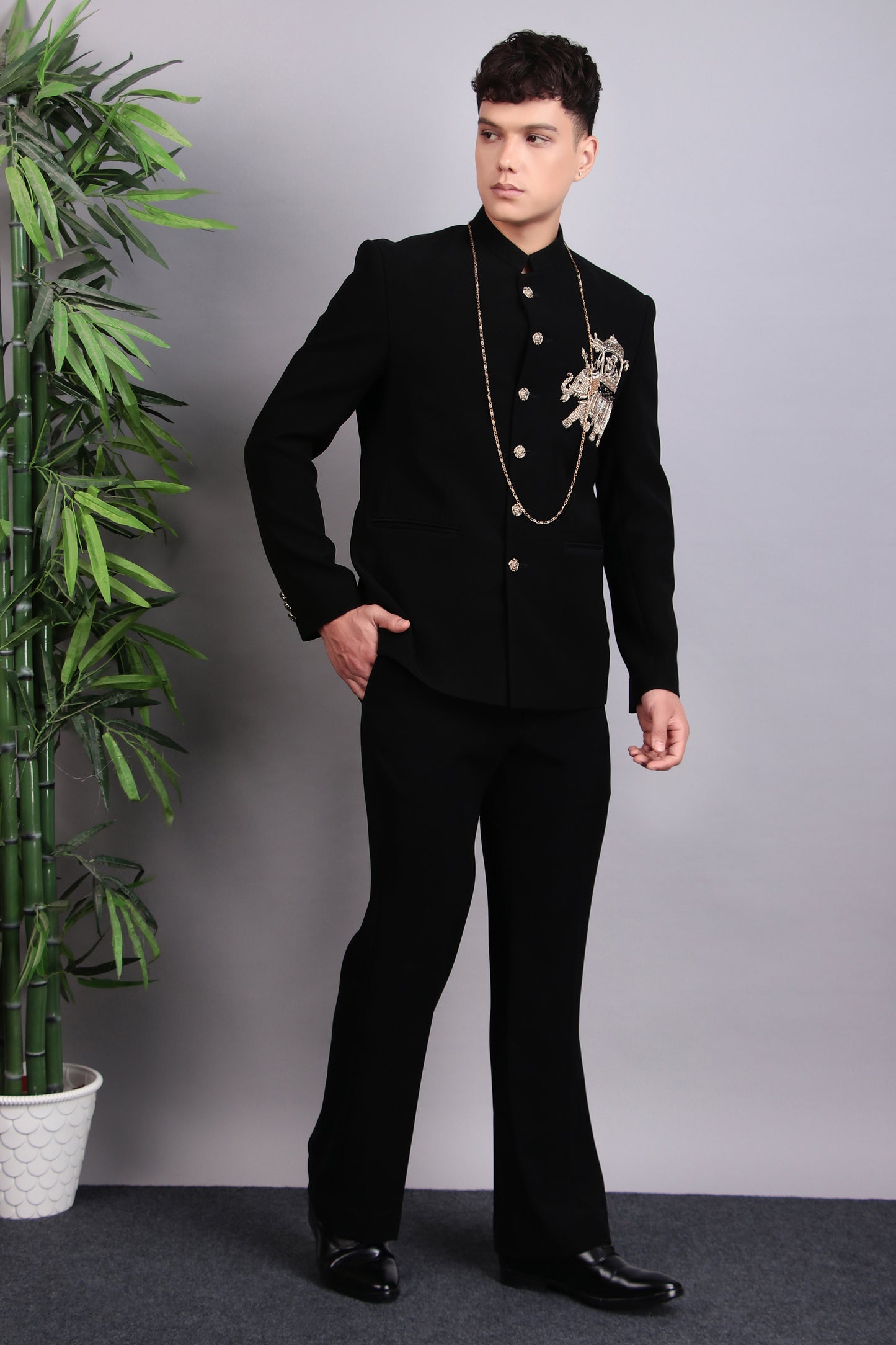 Back view - Men’s Bandhgala – Japanese Lycra in Black with Patch Motif Embroidery