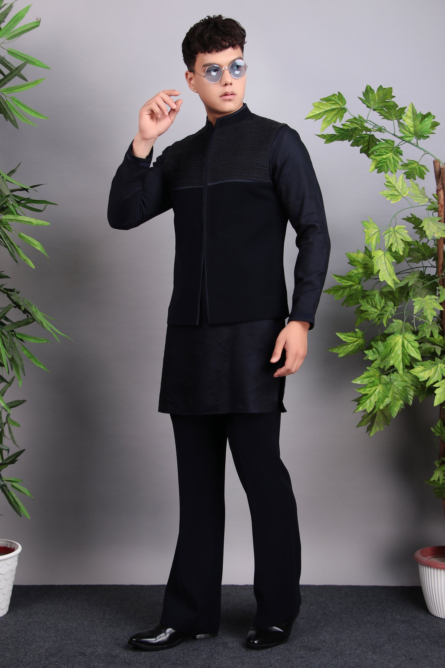 Front view - Men’s Nehru Jacket – Viscose Silk Fabric in Blue with Subtle Pintex and Bead Embroidery