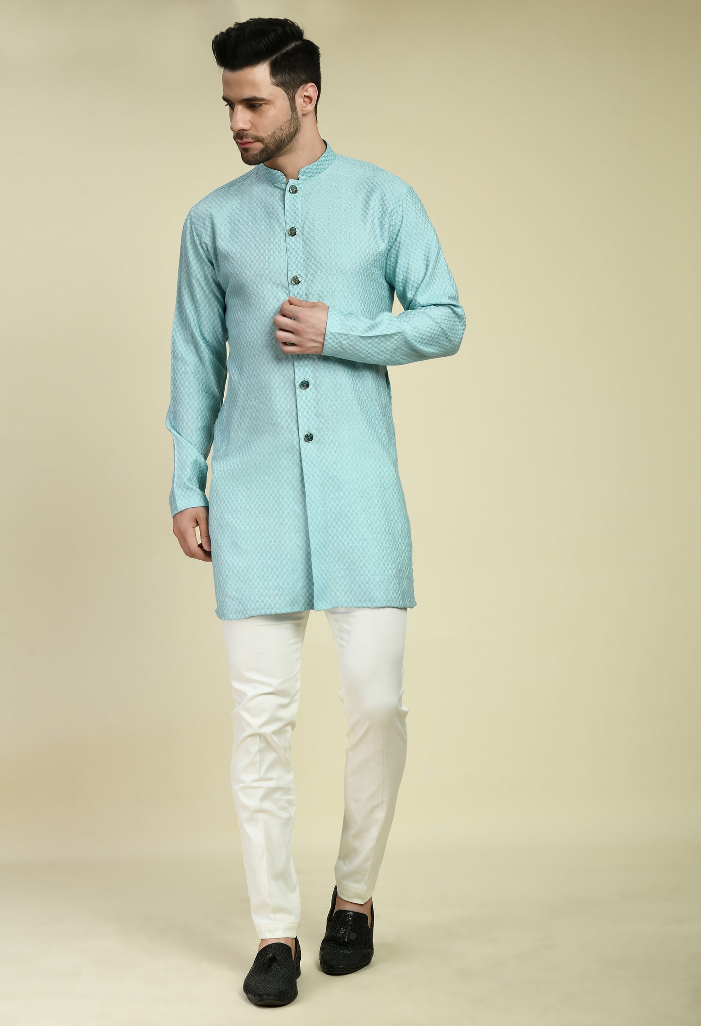 Back view - Men’s Indo-Western – Silk Georgette in Blue with Thread Embroidery