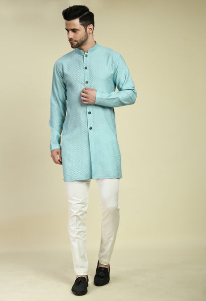 Men’s Indo-Western – Silk Georgette in Blue with Thread Embroidery | One Man Show