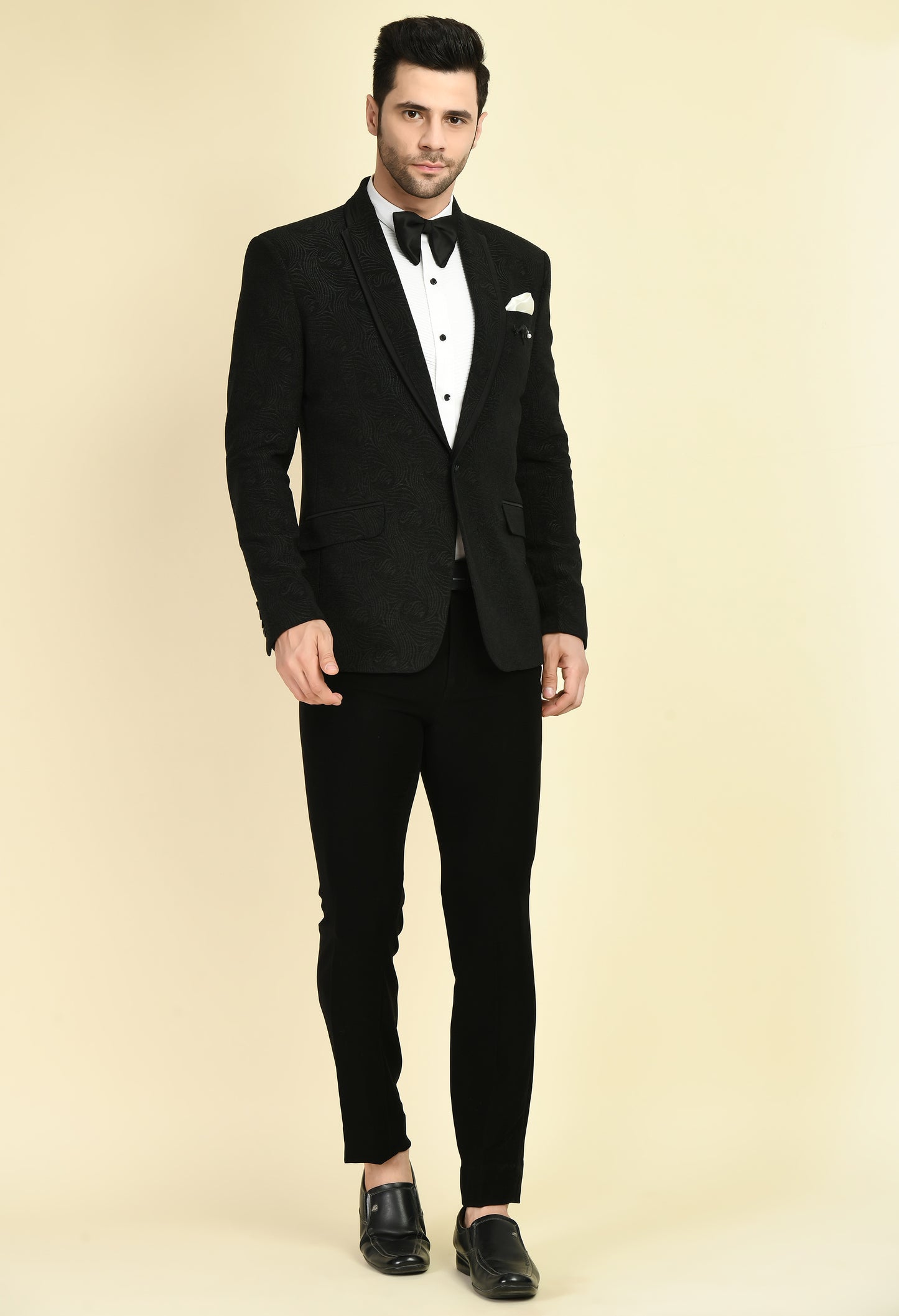 Front view - Men’s Tuxedo – Japanese Lycra in Black with Jaquard Abstract Design