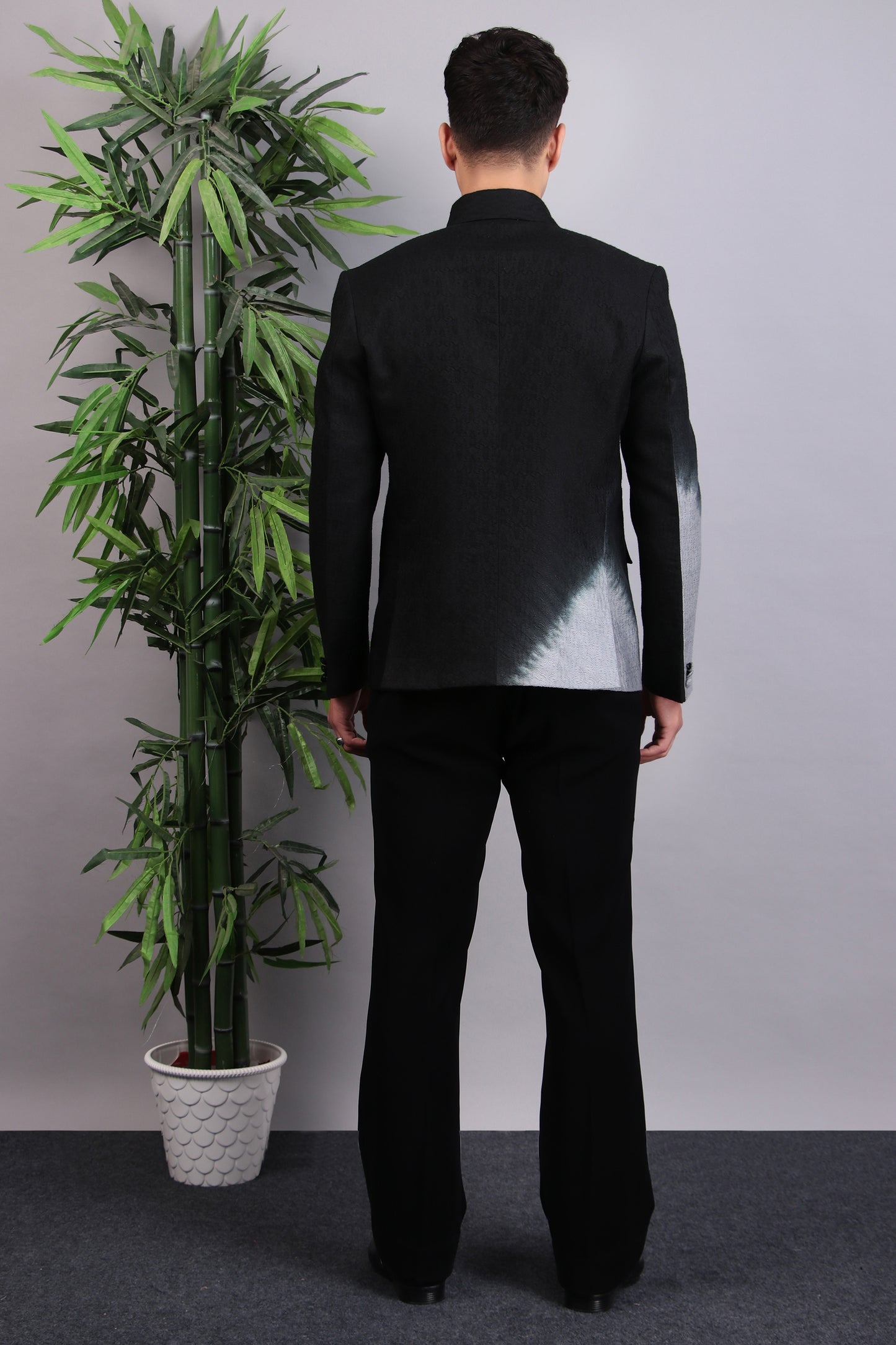 Side view - Men’s Bandhgala – Cotton Jaquard in Black with Shacket Style Tie and Dye