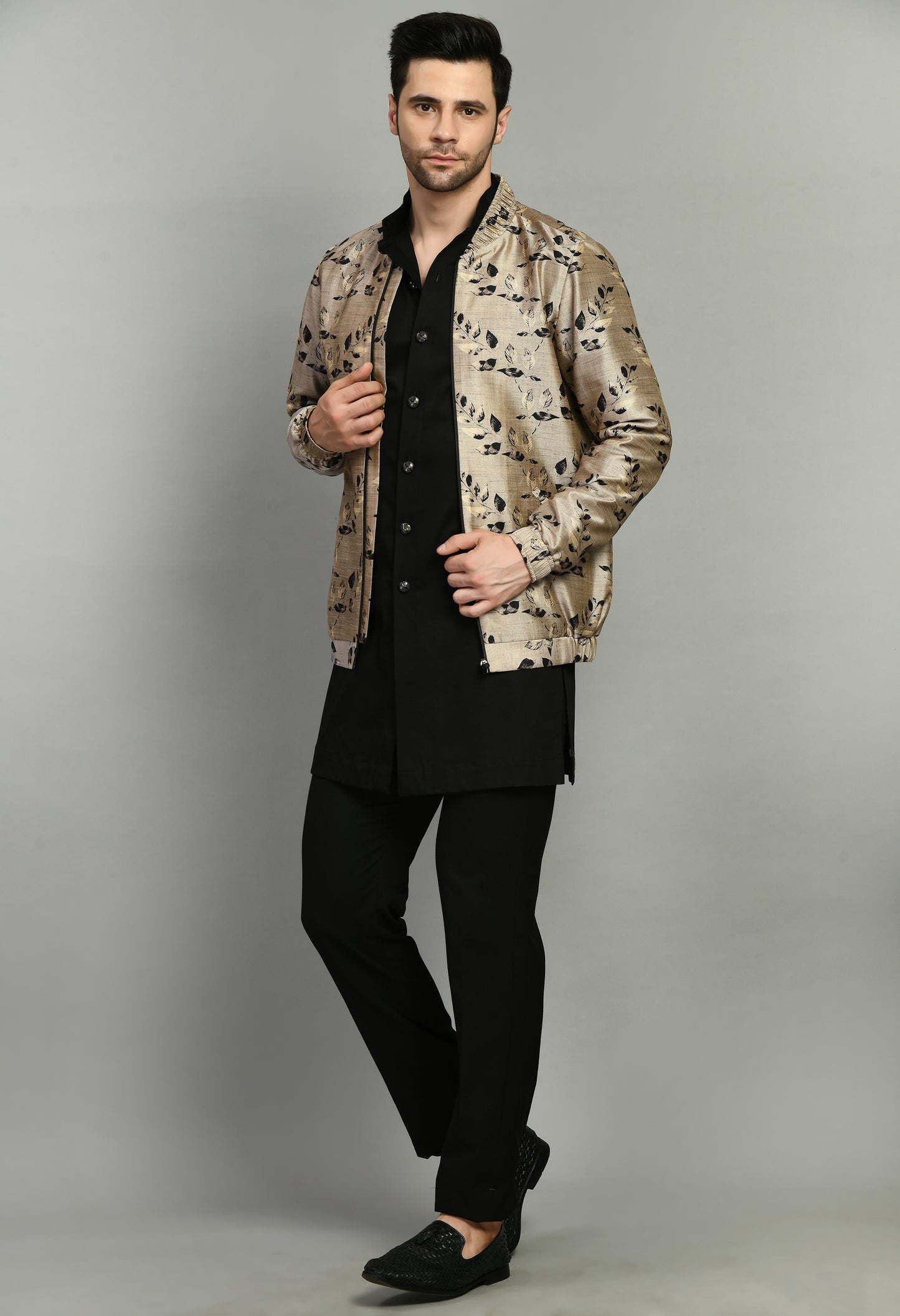 Men’s Indo-Western Set – Silk Print in Cream and Black with Floral Print Bomber Jacket | One Man Show