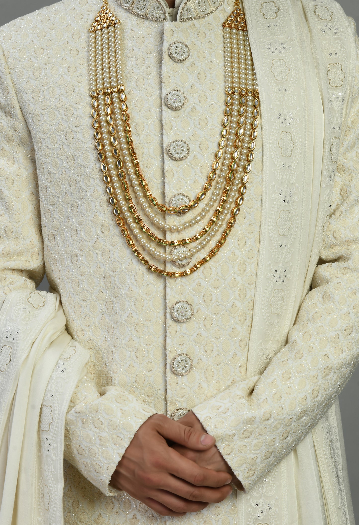 Detail view 2 - Men’s Sherwani – Silk in Ivory with Detailed Hand Embroidery Allover