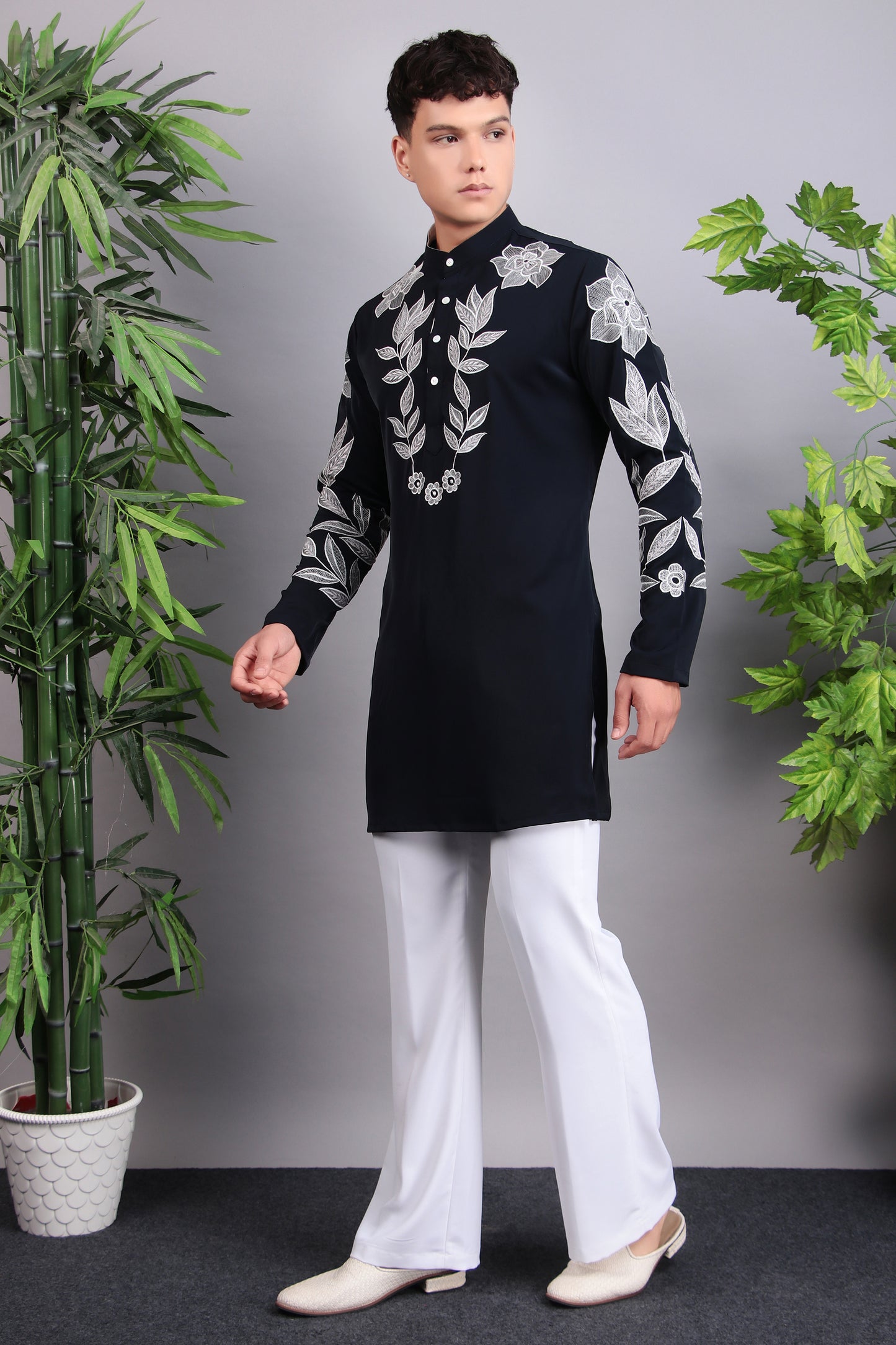 Front view - Men’s Kurta Set – Korean Wrinkle Free in Navy Blue with Silk Thread Embroidery