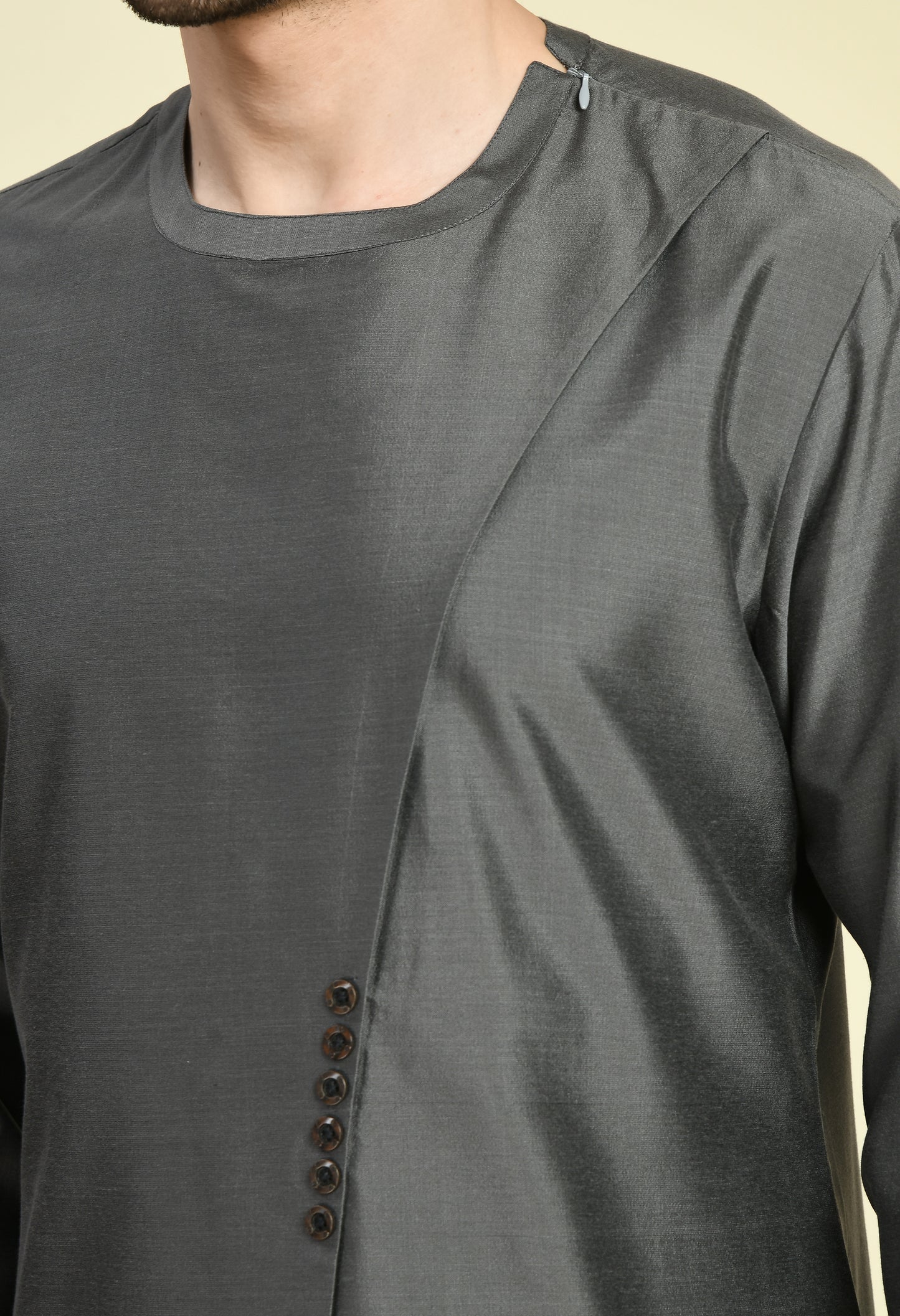 Detail view 1 - Men’s Kurta Set – Cotton Silk in Grey with Assymetric Hem and Front Overlap Design