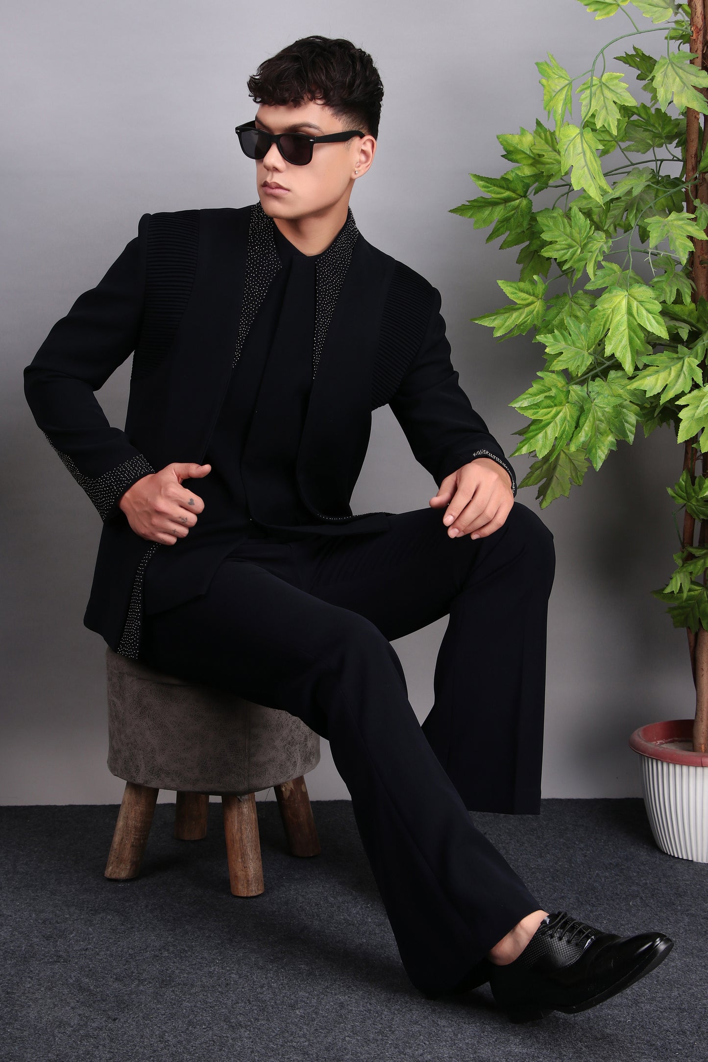 Detail view 3 - Men’s Bandhgala – Japanese Lycra in Midnight Blue with Pintex & Beads Embroidery