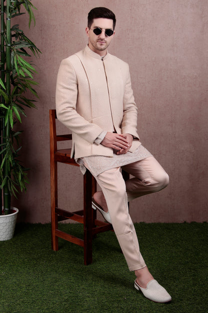 Men’s Kurta Set – Silk in Beige with Silk Thread Embroidered Jacket over Georgette Kurta | One Man Show