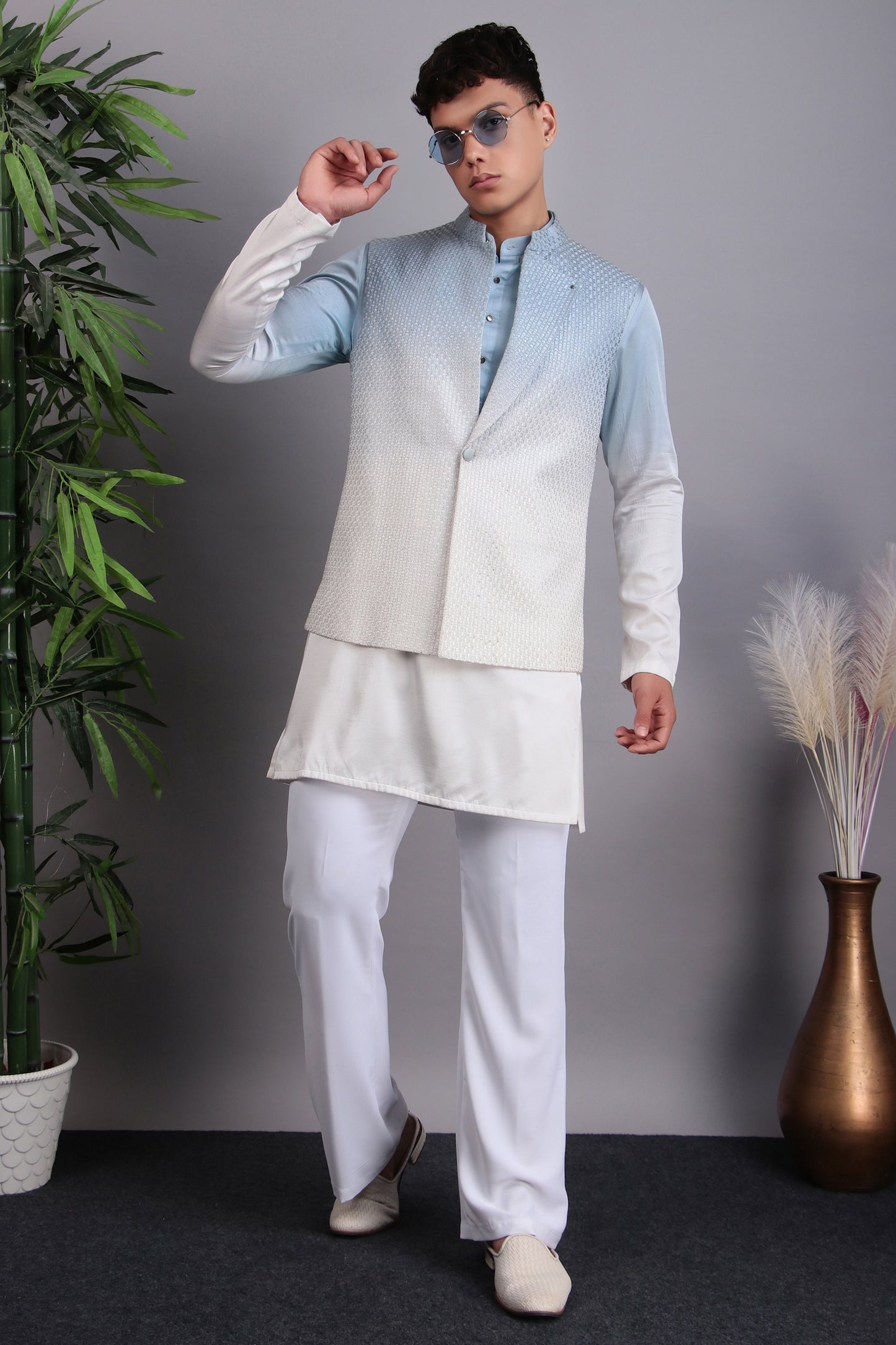 Detail view 2 - Men’s Kurta Set – Georgette Embroidered in Blue with Tie and Die Lapel Design