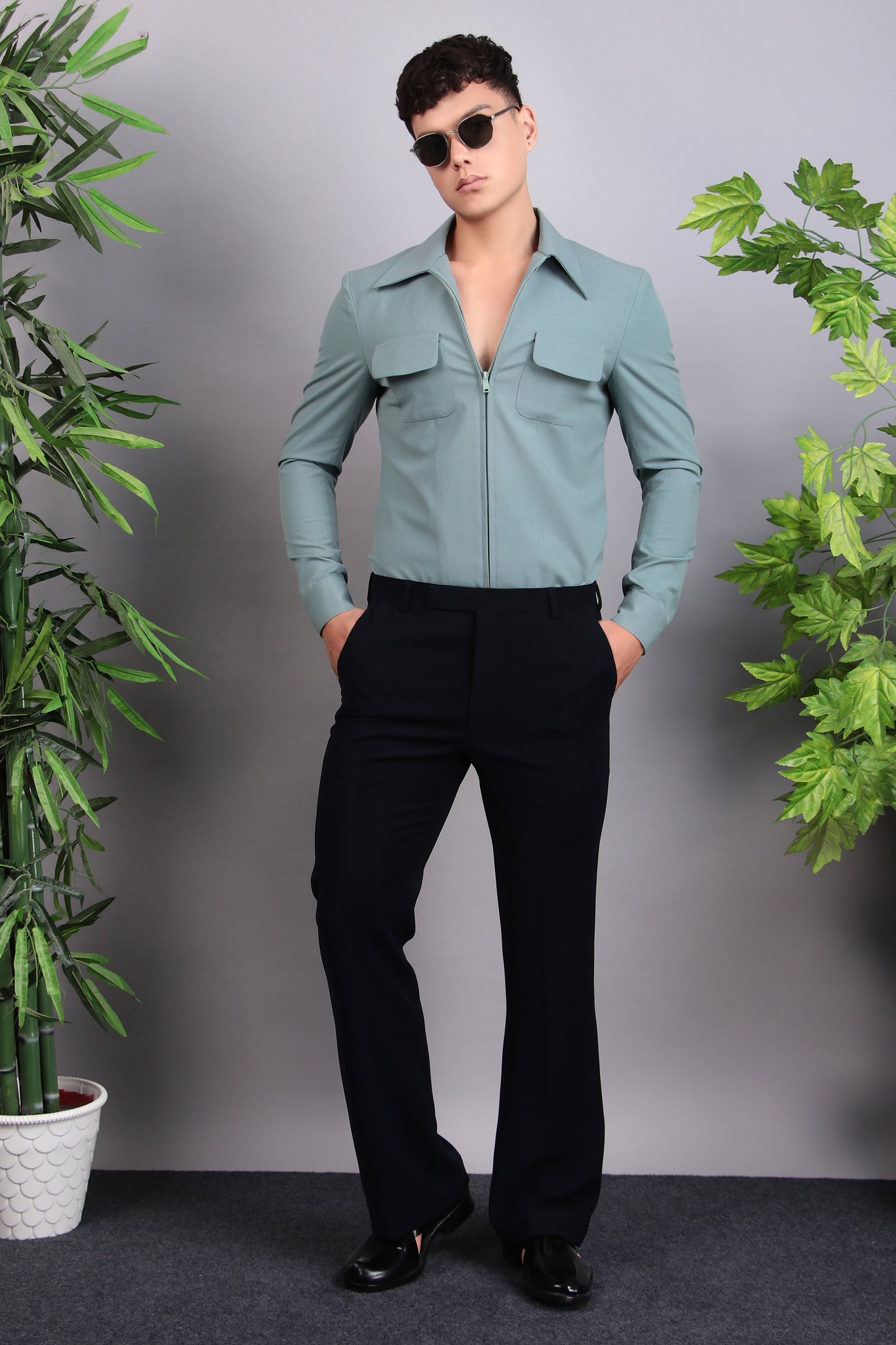 Men’s Suit – Suiting Lycra in Green with Hunter Shirt and Hand Stitchwork | One Man Show