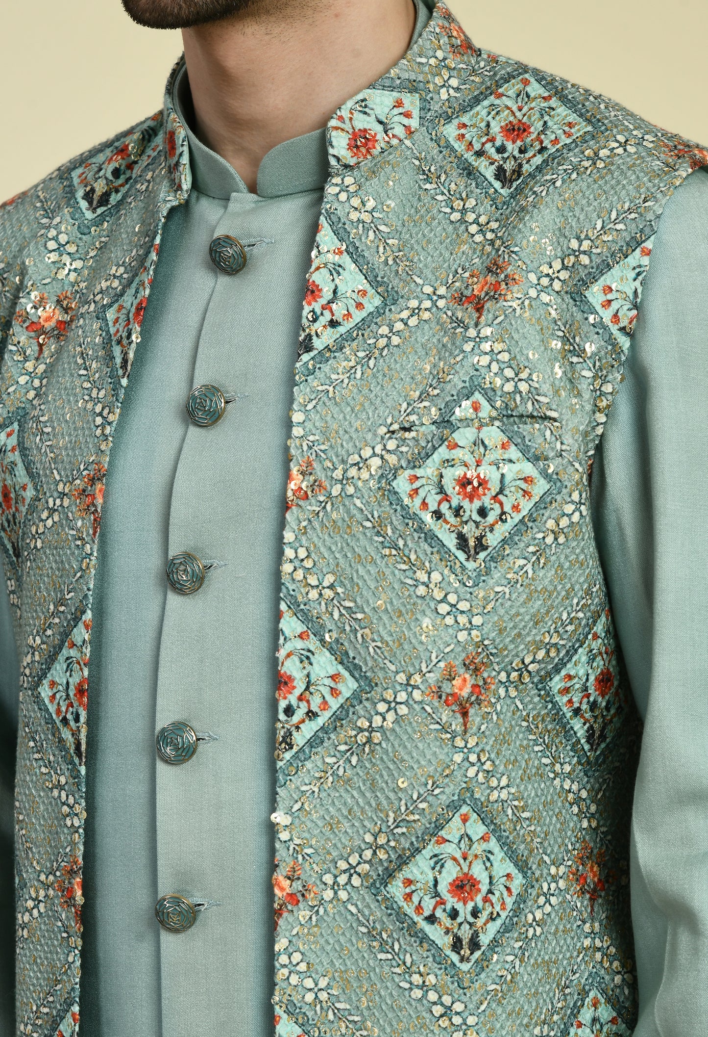 Detail view 2 - Men’s Nehru Jacket – Silk in Blue with Front Open Printed Jacket
