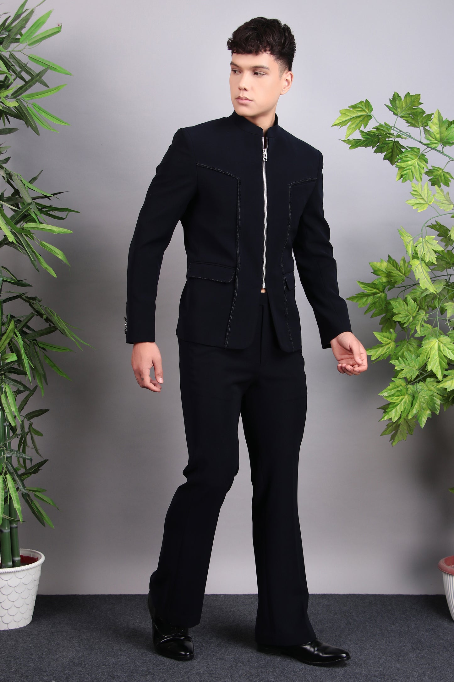 Detail view 2 - Men’s Bandhgala – Cotton Velvet in Midnight Blue with Hand Embroidery