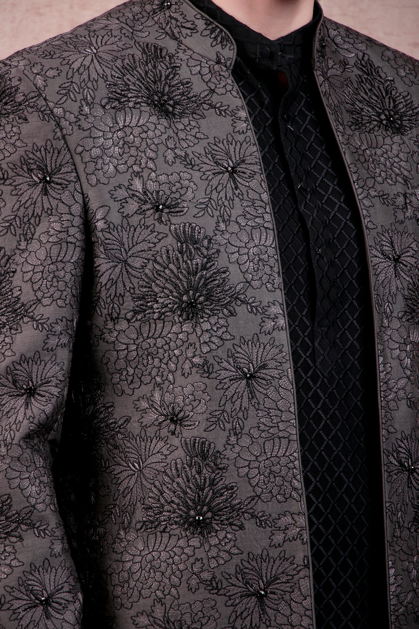 Detail view 2 - Men’s Kurta Set – Silk in Grey with Floral Thread & Bead Embroidery Jacket over Georgette Kurta