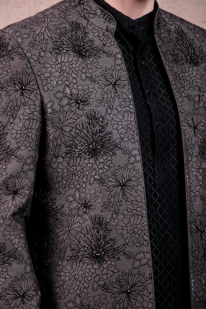 Men’s Kurta Set – Silk in Grey with Floral Thread & Bead Embroidery Jacket over Georgette Kurta | One Man Show