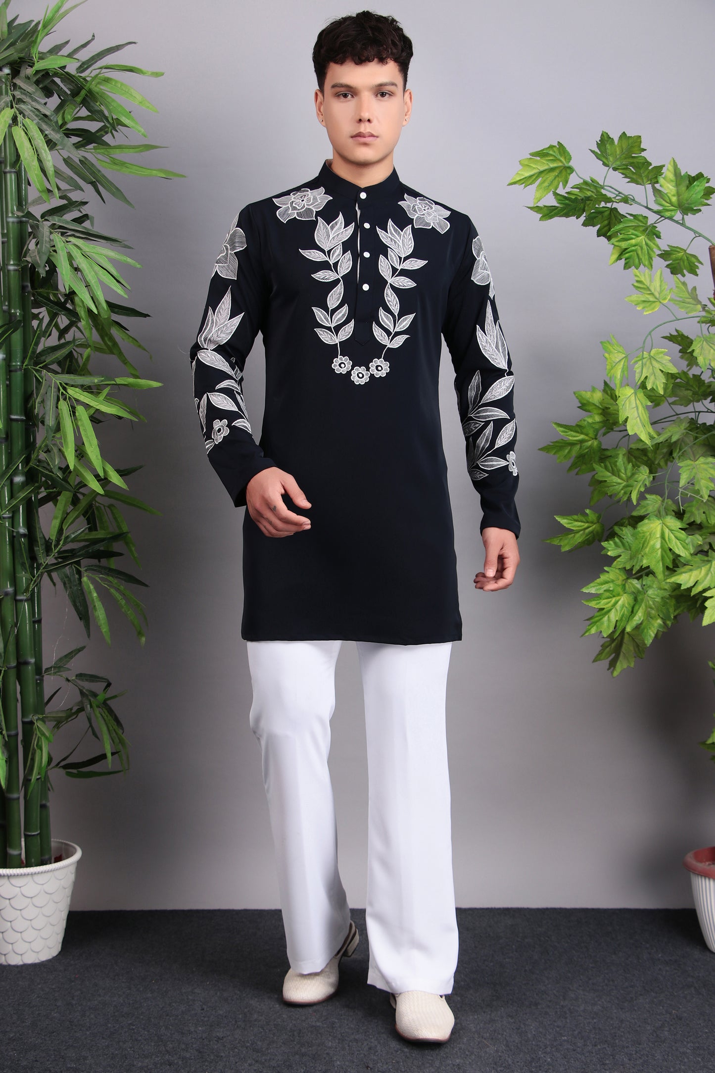 Detail view 1 - Men’s Kurta Set – Korean Wrinkle Free in Navy Blue with Silk Thread Embroidery