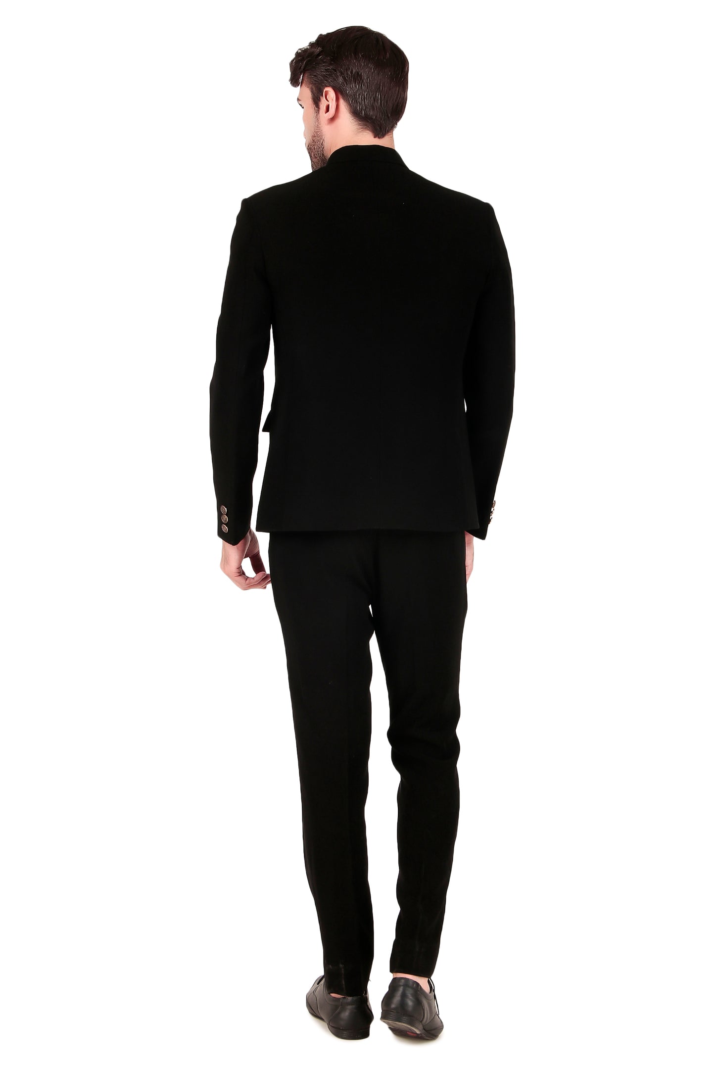Front view - Men’s Bandhgala – Japanese Lycra in Black with Zari Embroidery