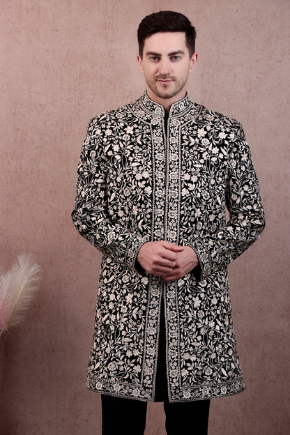 Men’s Sherwani – Japanese Lycra in Black with Silk Thread Floral Embroidery | One Man Show