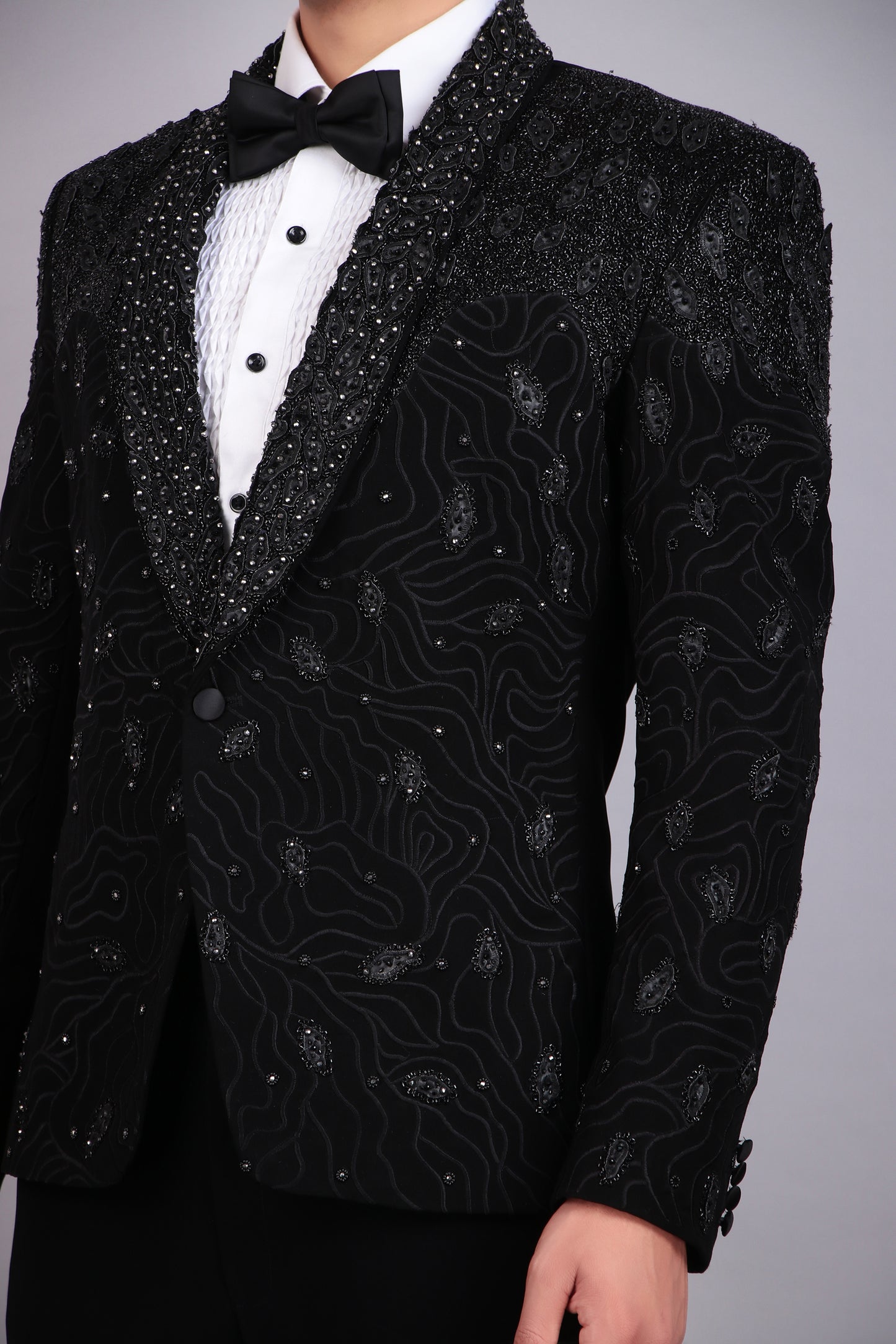 Detail view 3 - Men’s Tuxedo – Japanese Lycra in Black with Embroidery and Leather Applique