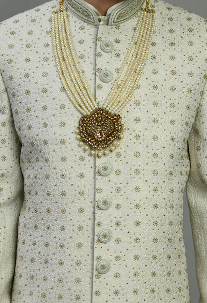 Men’s Sherwani – Silk in Ivory with Detailed Hand Embroidery Allover | One Man Show