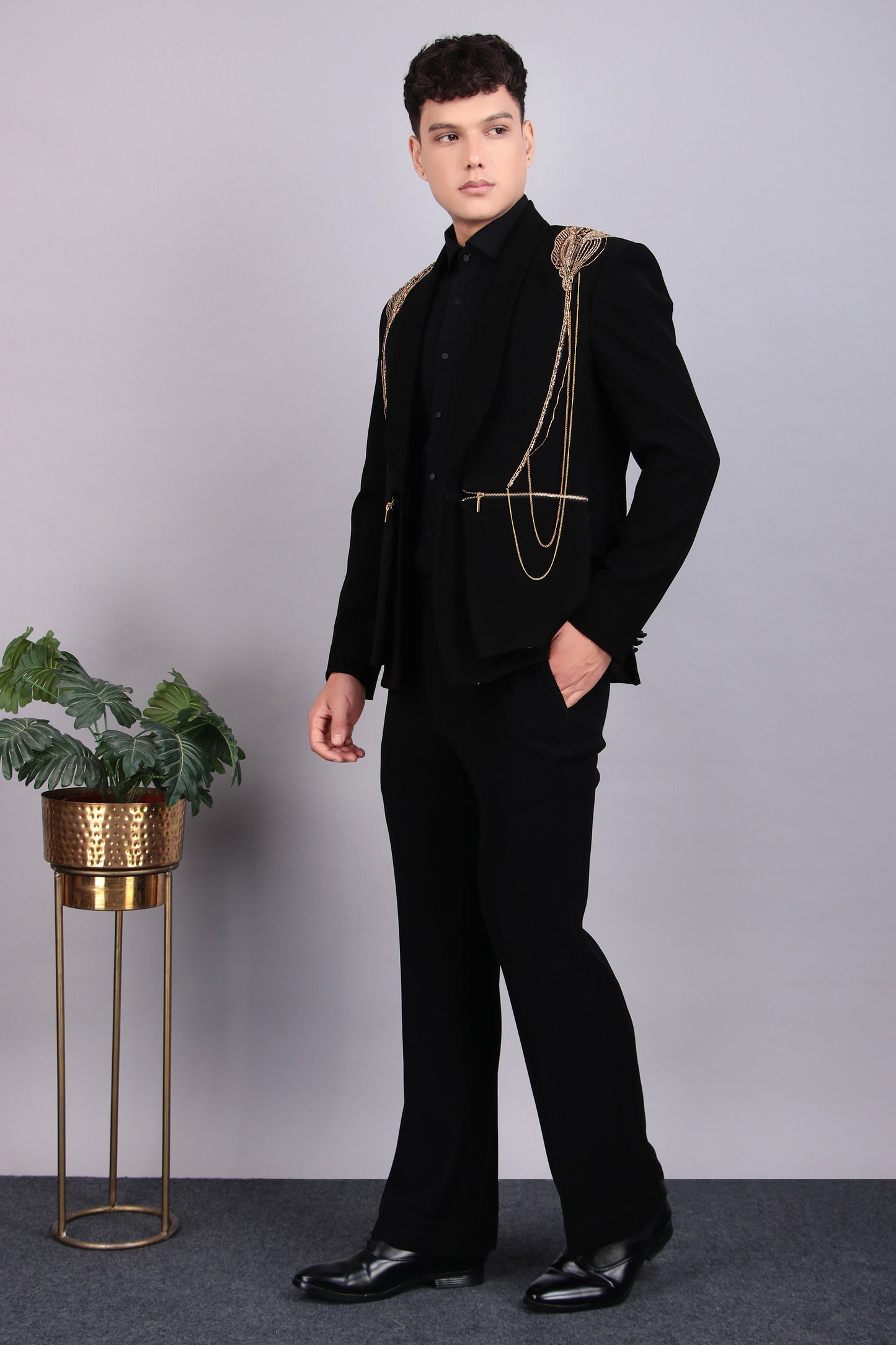 Men’s Tuxedo – Japanese Lycra in Black with Golden Embroidery | One Man Show