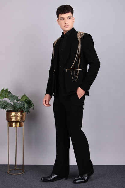 Men’s Tuxedo – Japanese Lycra in Black with Golden Embroidery | One Man Show