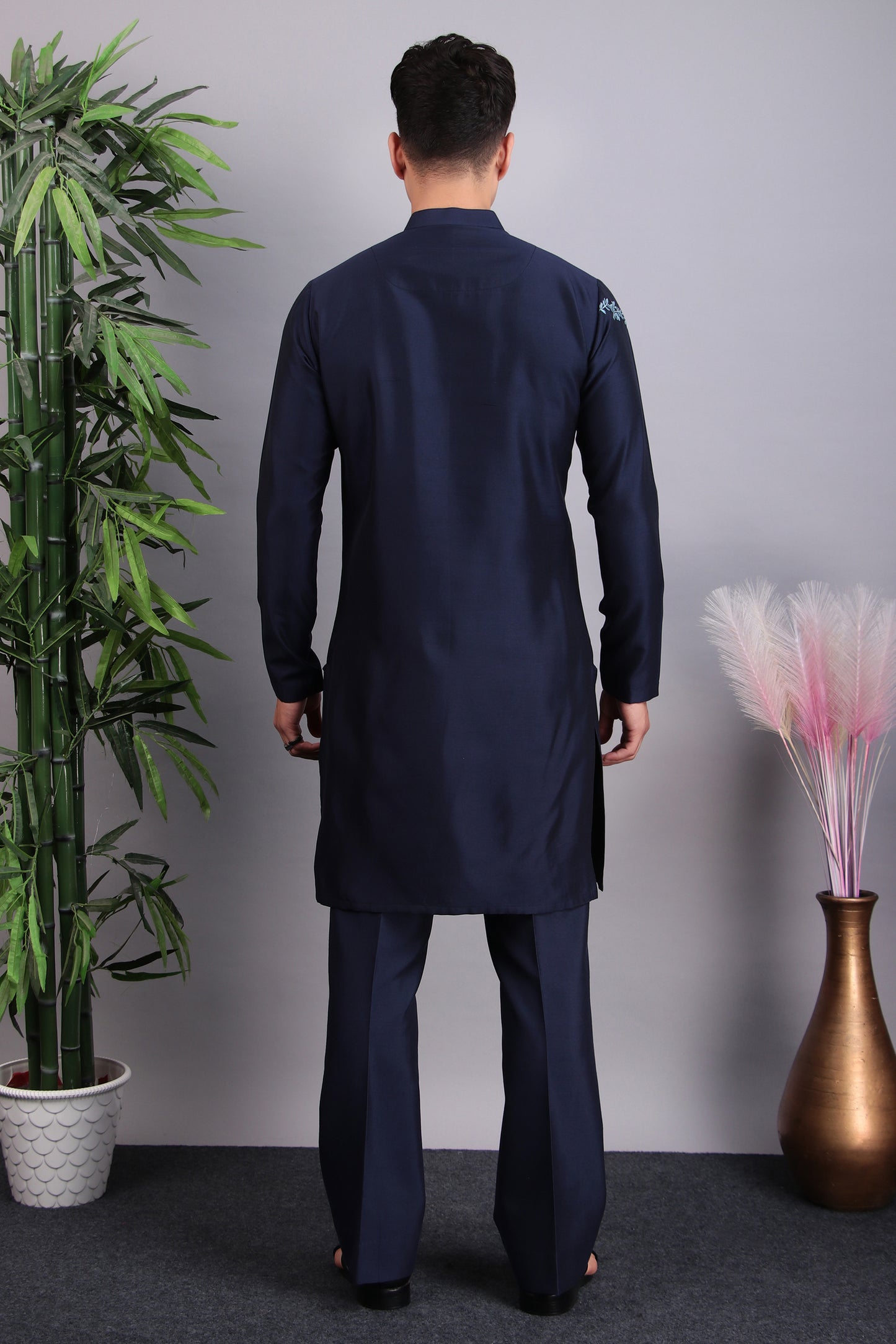 Back view - Men’s Kurta Set – Silk in Blue with Blue Silk Thread Placement Embroidery
