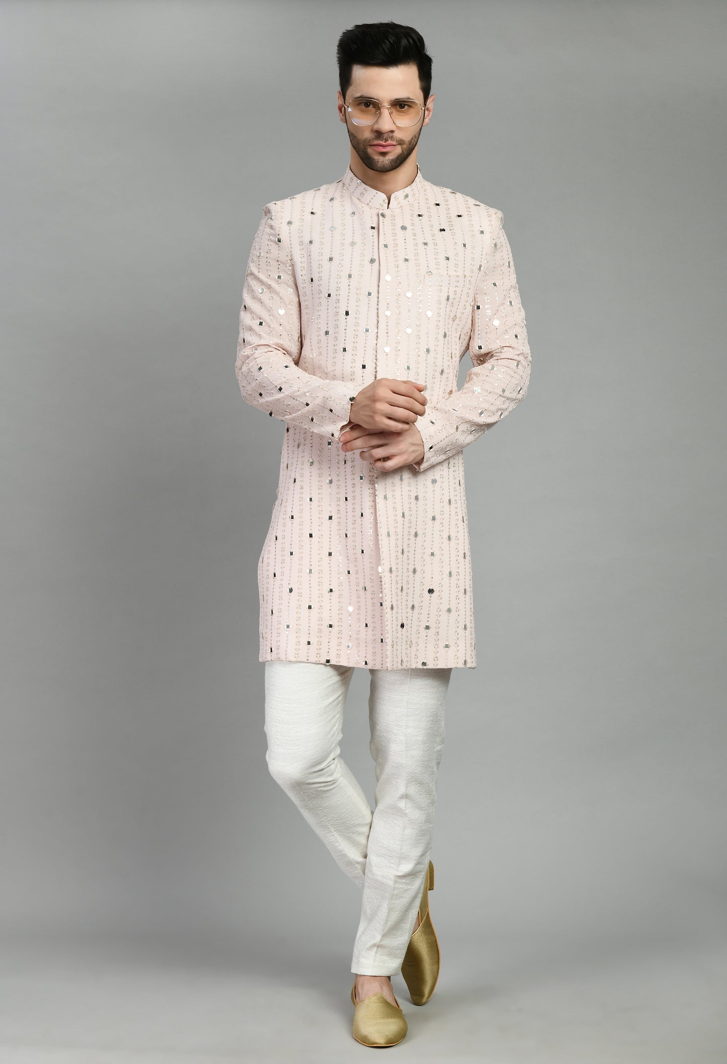 Detail view 1 - Men’s Indo-Western – Silk Georgette in Pink with Mirror Work Embroidery