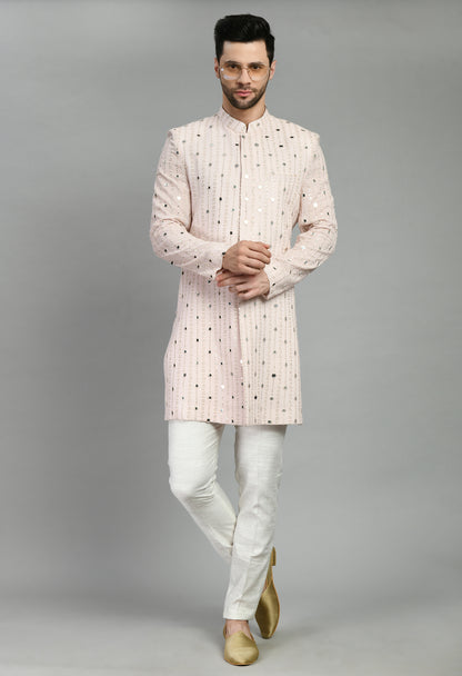 Men’s Indo-Western – Silk Georgette in Pink with Mirror Work Embroidery | One Man Show