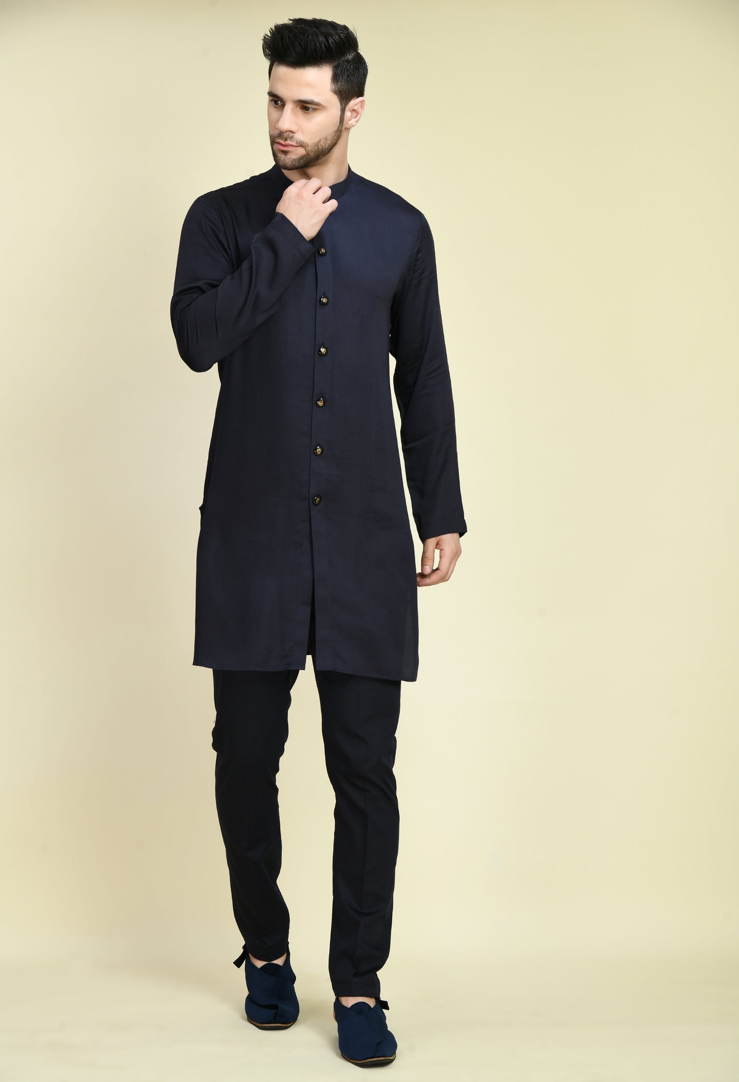 Front view - Men’s Indo-Western – Silk Kurta in Navy Blue with Dori and Sequins Embroidery