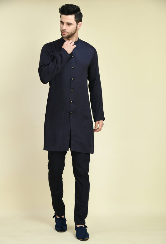 Front view - Men’s Indo-Western – Silk Kurta in Navy Blue with Dori and Sequins Embroidery