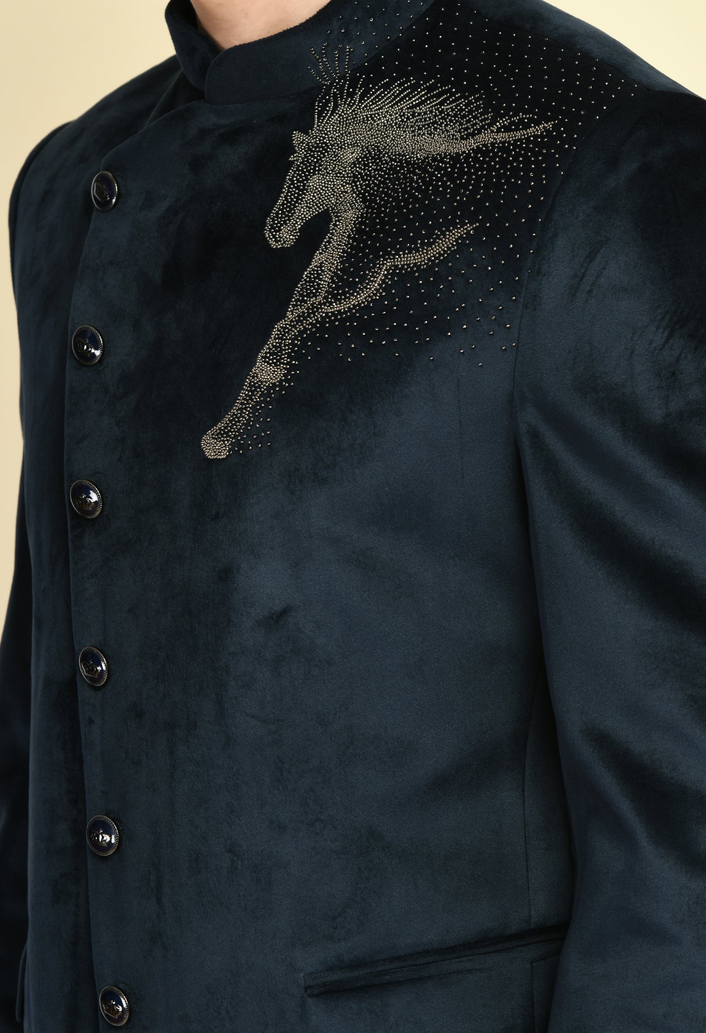 Detail view 1 - Men’s Bandhgala – Suede Velvet in Navy Blue with Shoulder Placement Embroidery