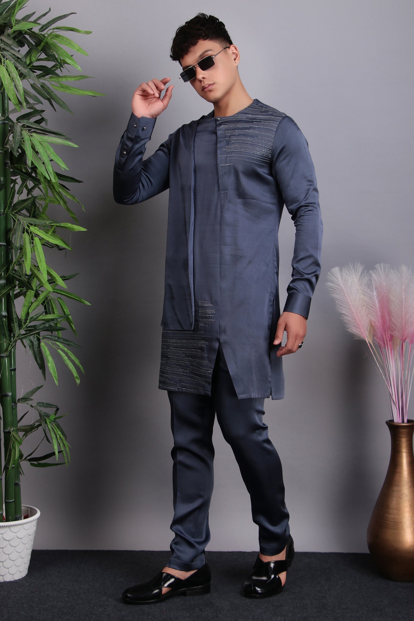 Detail view 3 - Men’s Kurta Set – Modal Satin in Grey with Silk Thread Embroidery & Asymmetric Cut