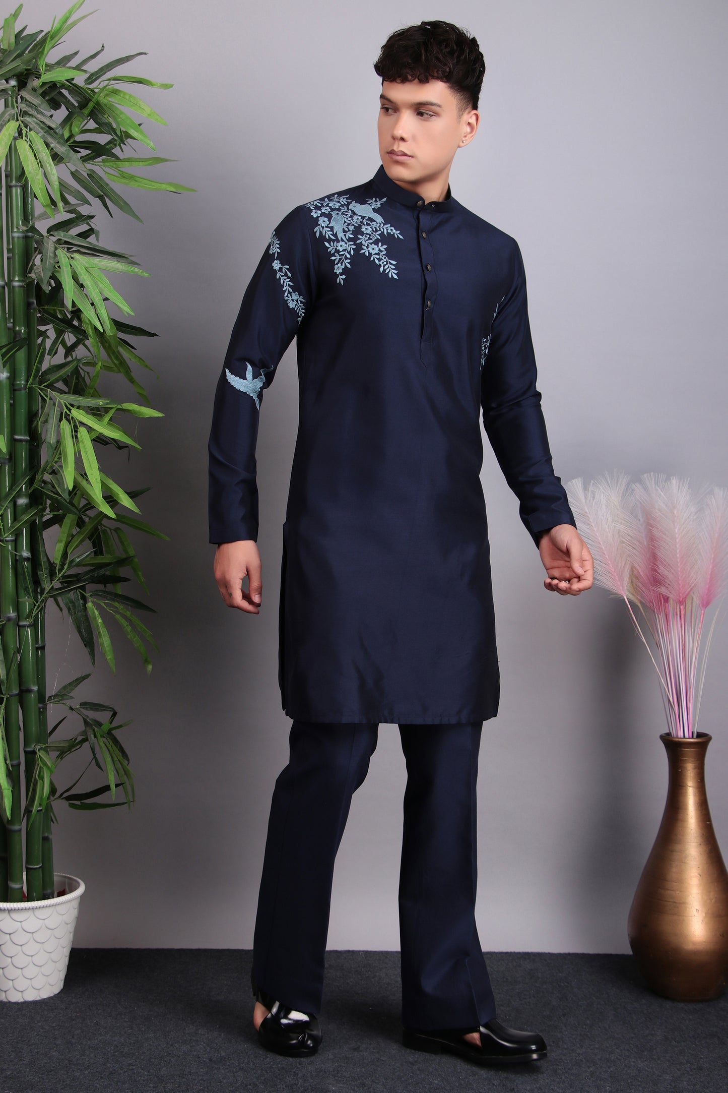 Detail view 2 - Men’s Kurta Set – Silk in Blue with Blue Silk Thread Placement Embroidery