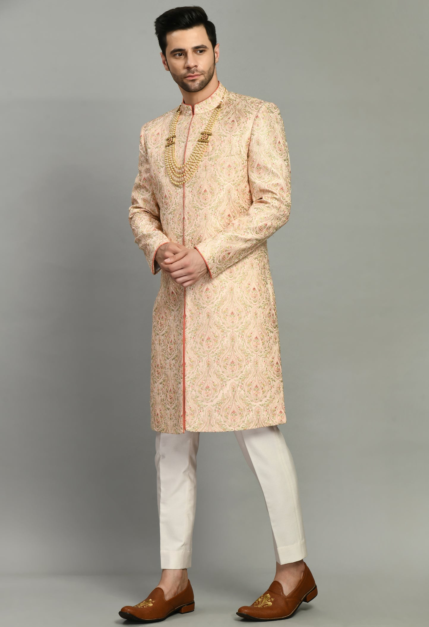 Front view - Men’s Sherwani – Silk in Peach with Detailed Hand Embroidery