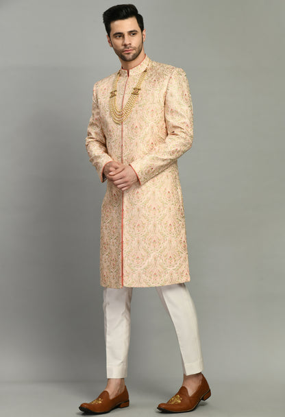 Men’s Sherwani – Silk in Peach with Detailed Hand Embroidery | One Man Show