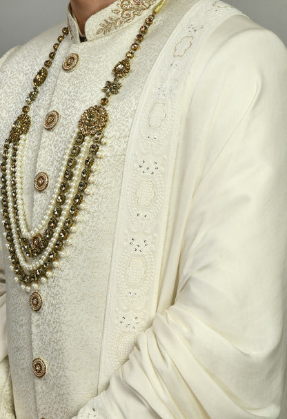 Men’s Sherwani – Silk in Ivory with Detailed Hand Embroidery Allover | One Man Show