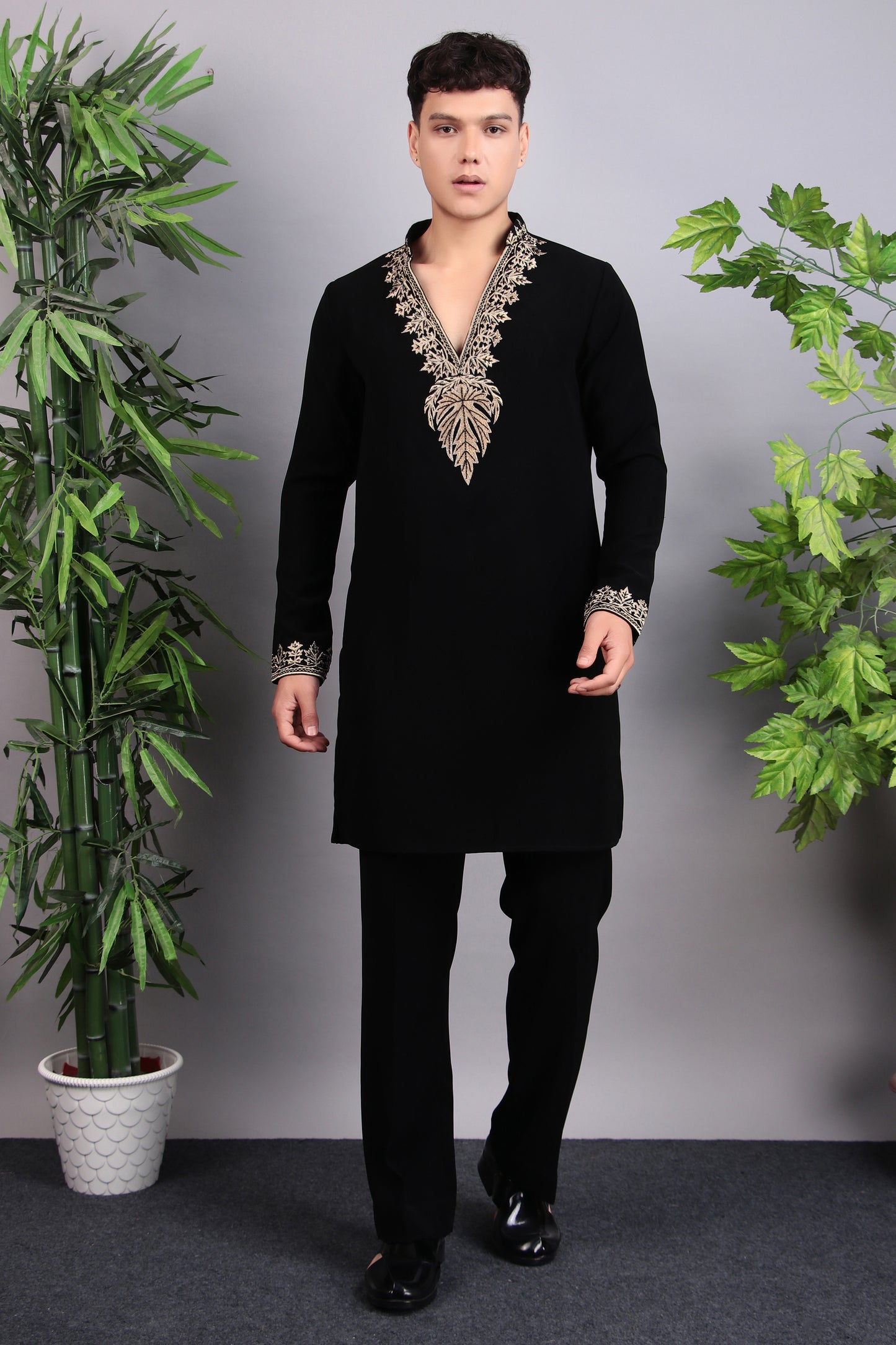 Front view - Men’s Kurta Set – Korean Wrinkle-Free in Black with Golden Zari Thread Embroidery