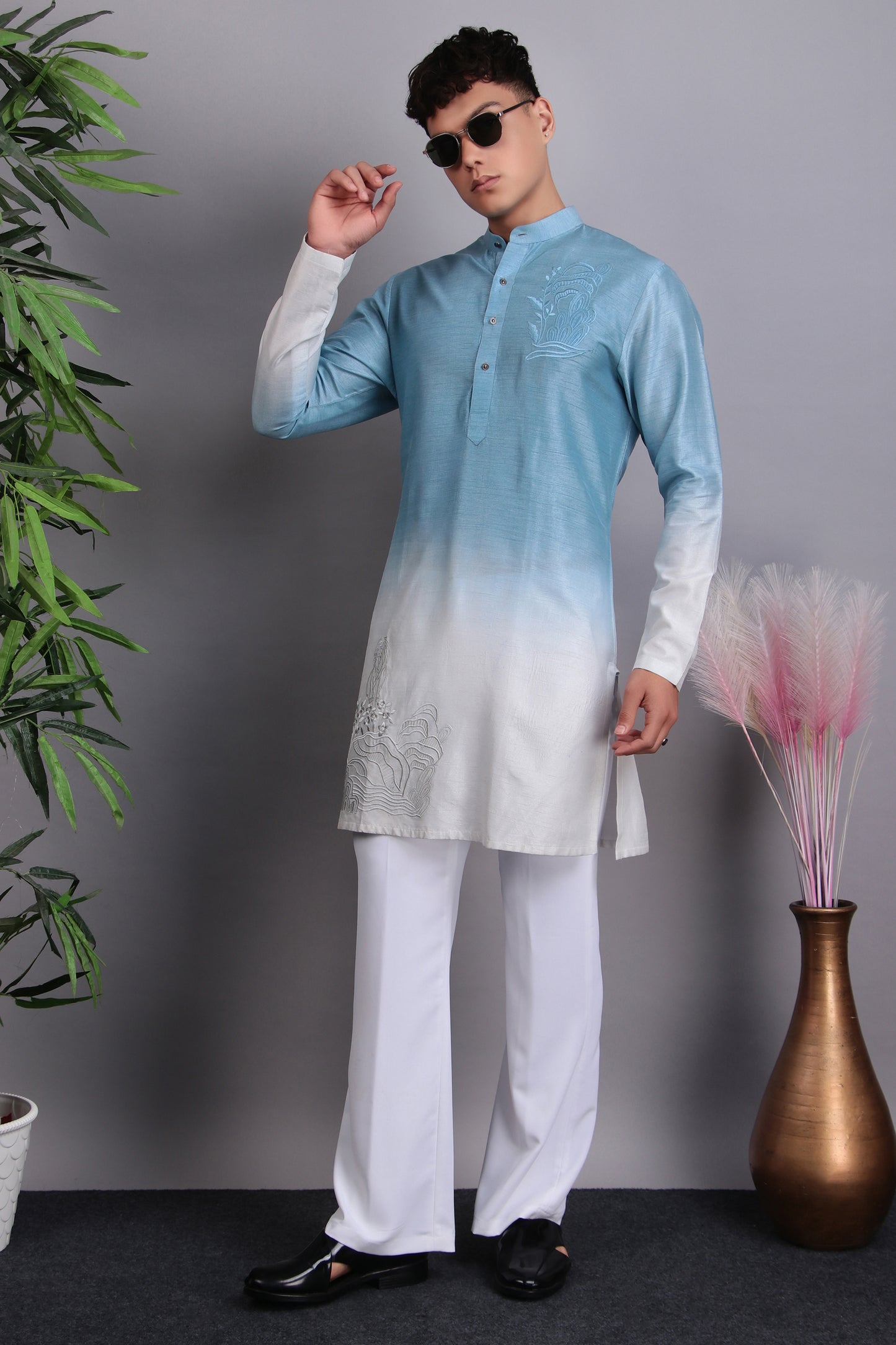Back view - Men’s Kurta Set – Silk in Blue with Tie and Dye & Silk Thread Embroidery