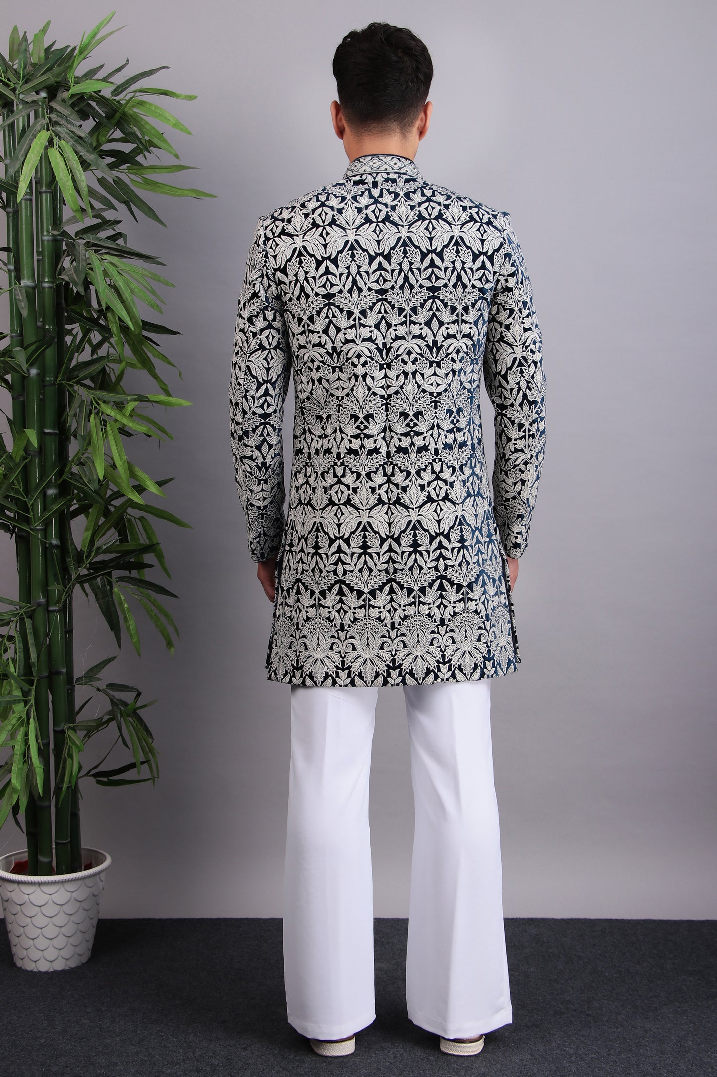 Back view - Men’s Indo-Western – Velvet Embroidered Fabric in Blue with Directional Embroidery