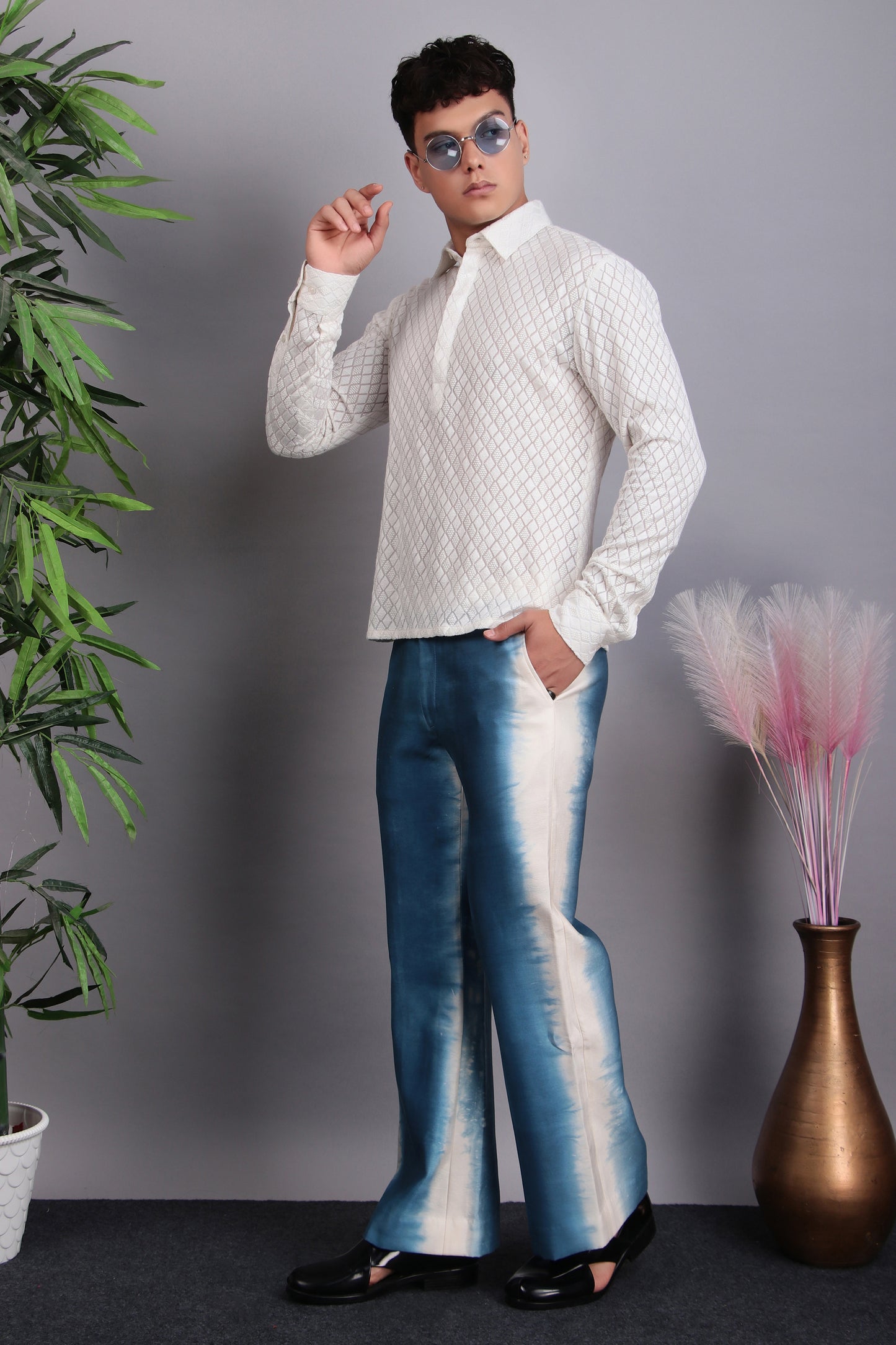 Front view - Men’s Kurta Set – Viscose Georgette in White with Tie Pants