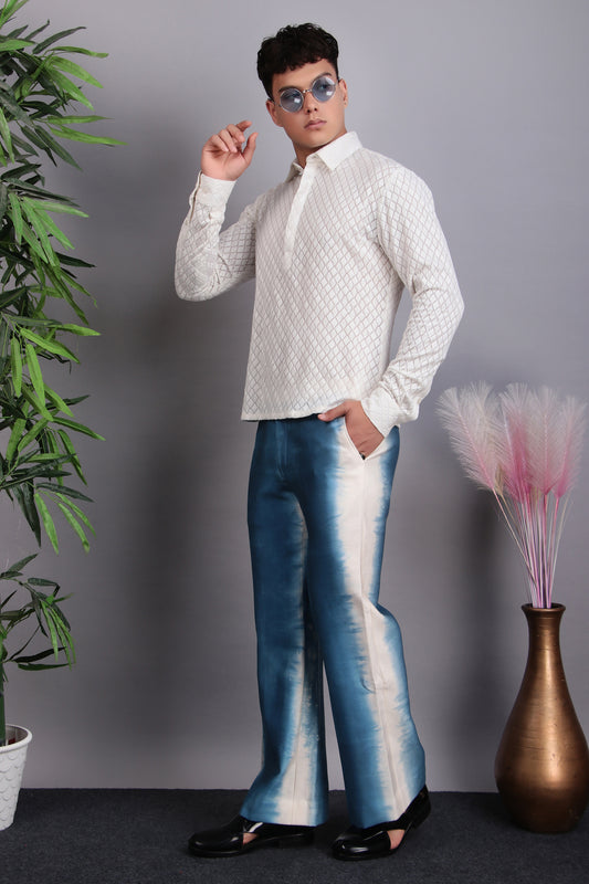 Men’s Kurta Set – Viscose Georgette in White with Tie Pants | One Man Show