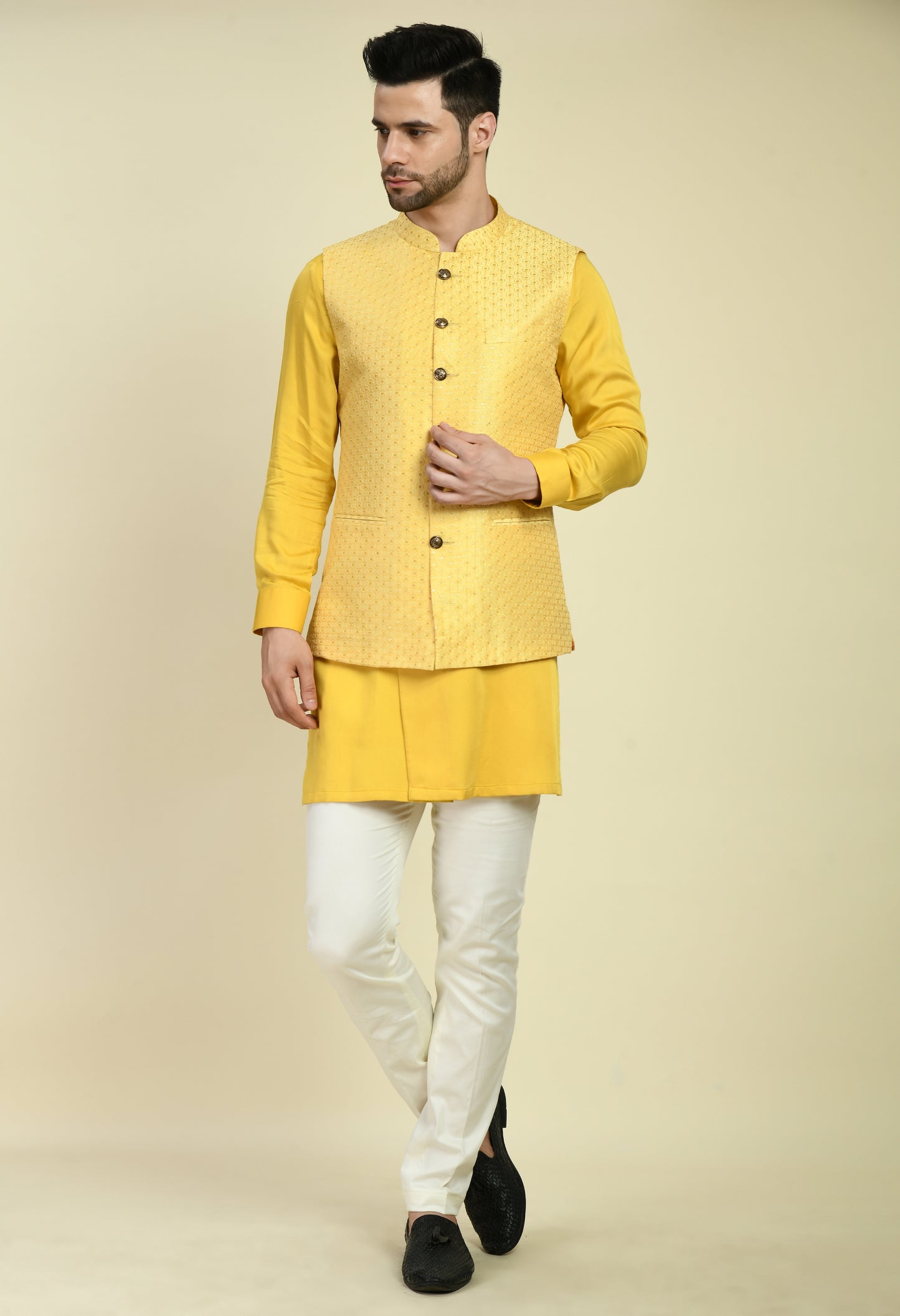 Side view - Men’s Nehru Jacket – Silk in Yellow with Silk Thread Embroidery