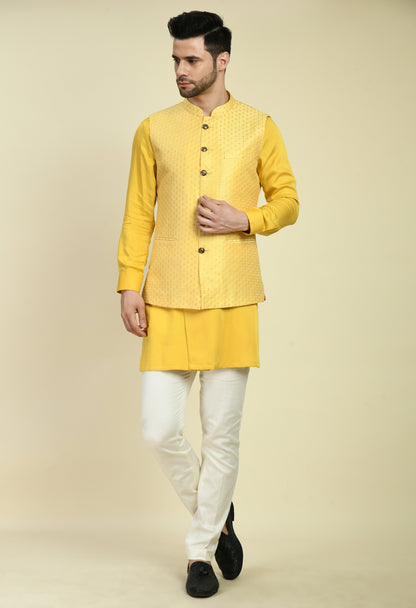 Men’s Nehru Jacket – Silk in Yellow with Silk Thread Embroidery | One Man Show