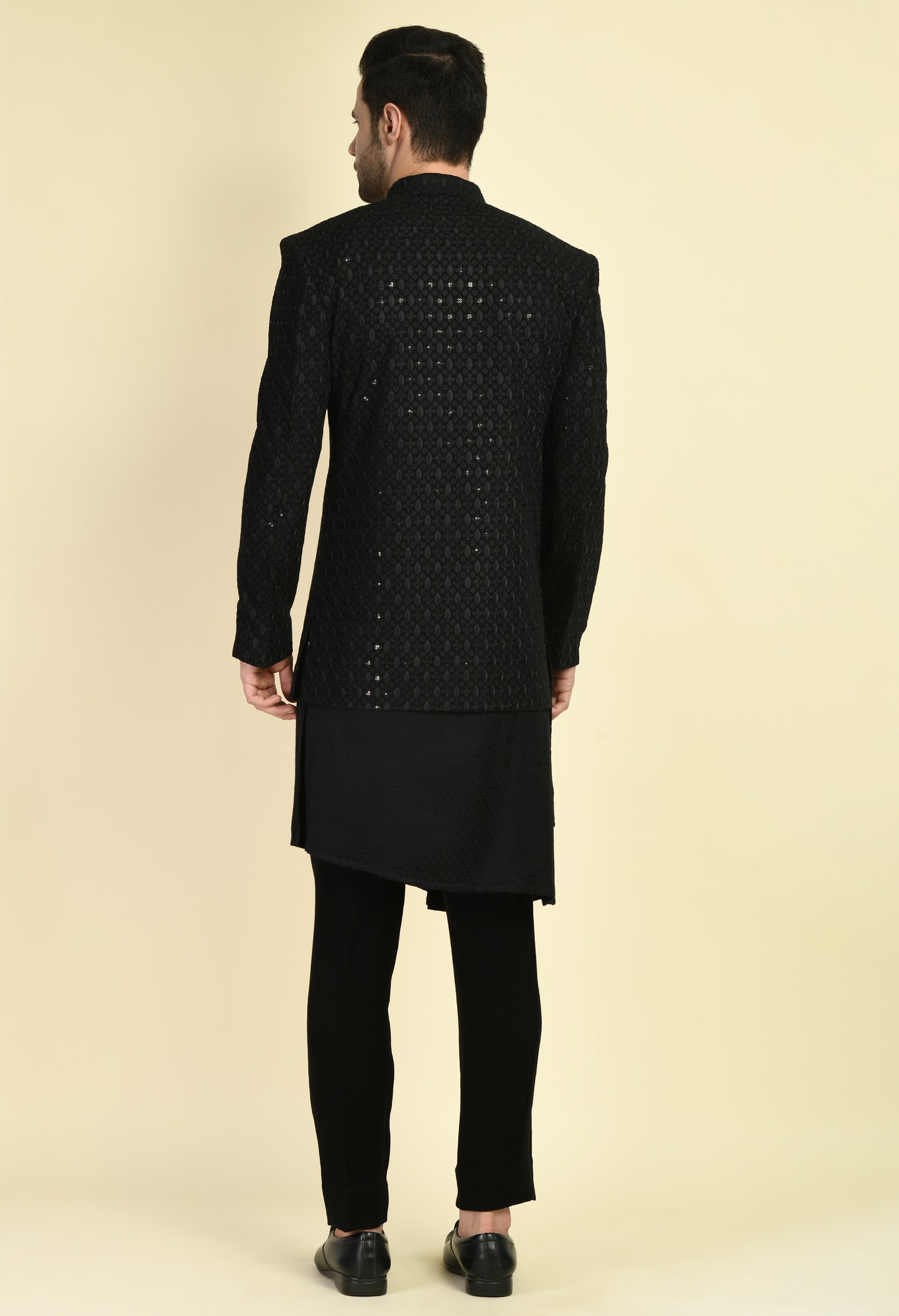 Detail view 1 - Men’s Indo-Western – Silk Georgette in Black with Angrakha Front and Draped Kurta