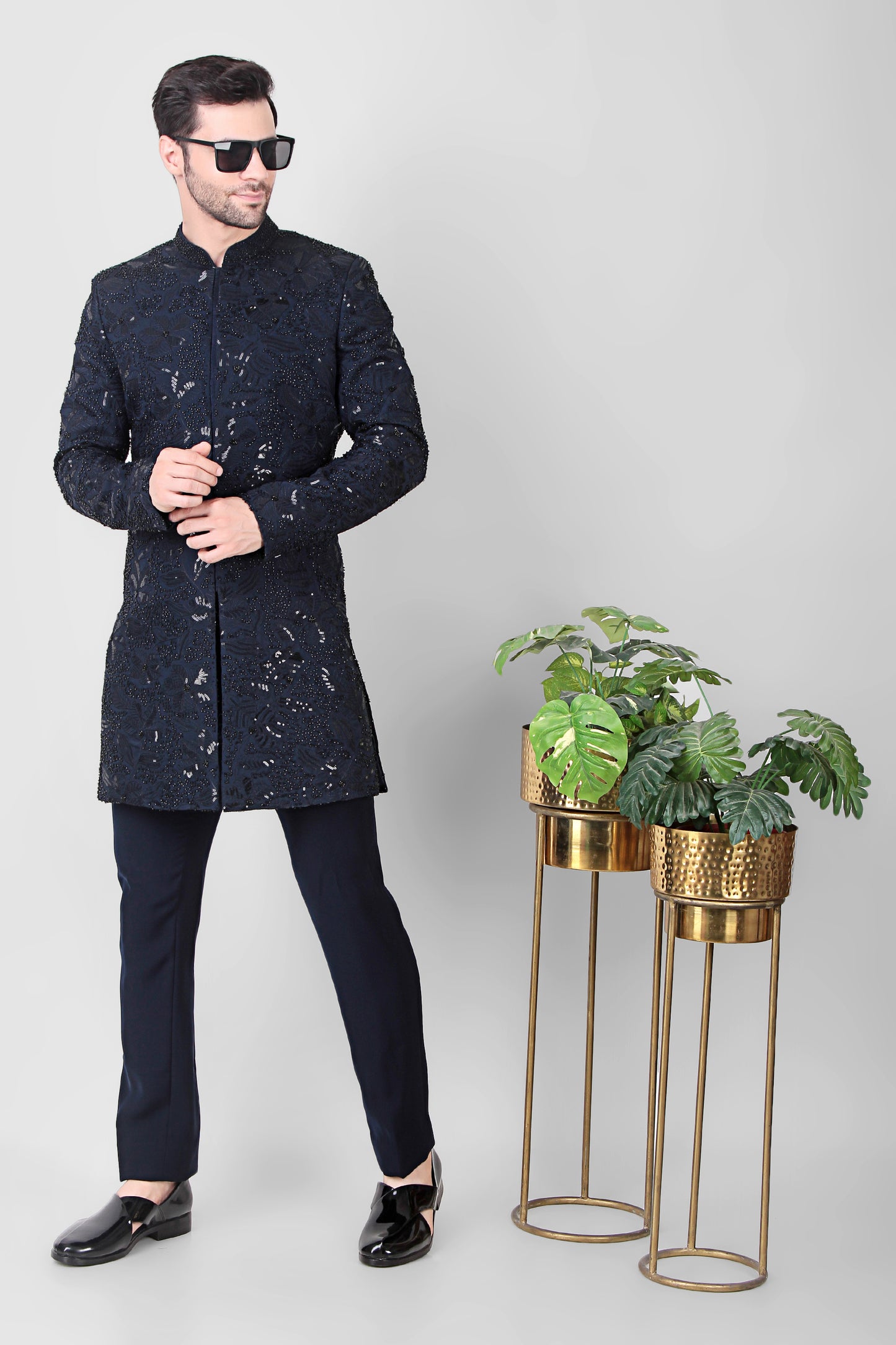 Detail view 4 - Men’s Indo-Western – Silk Georgette in Navy Blue with Beads and Sequins Embroidery