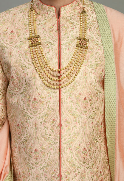 Men’s Sherwani – Silk in Peach with Detailed Hand Embroidery | One Man Show